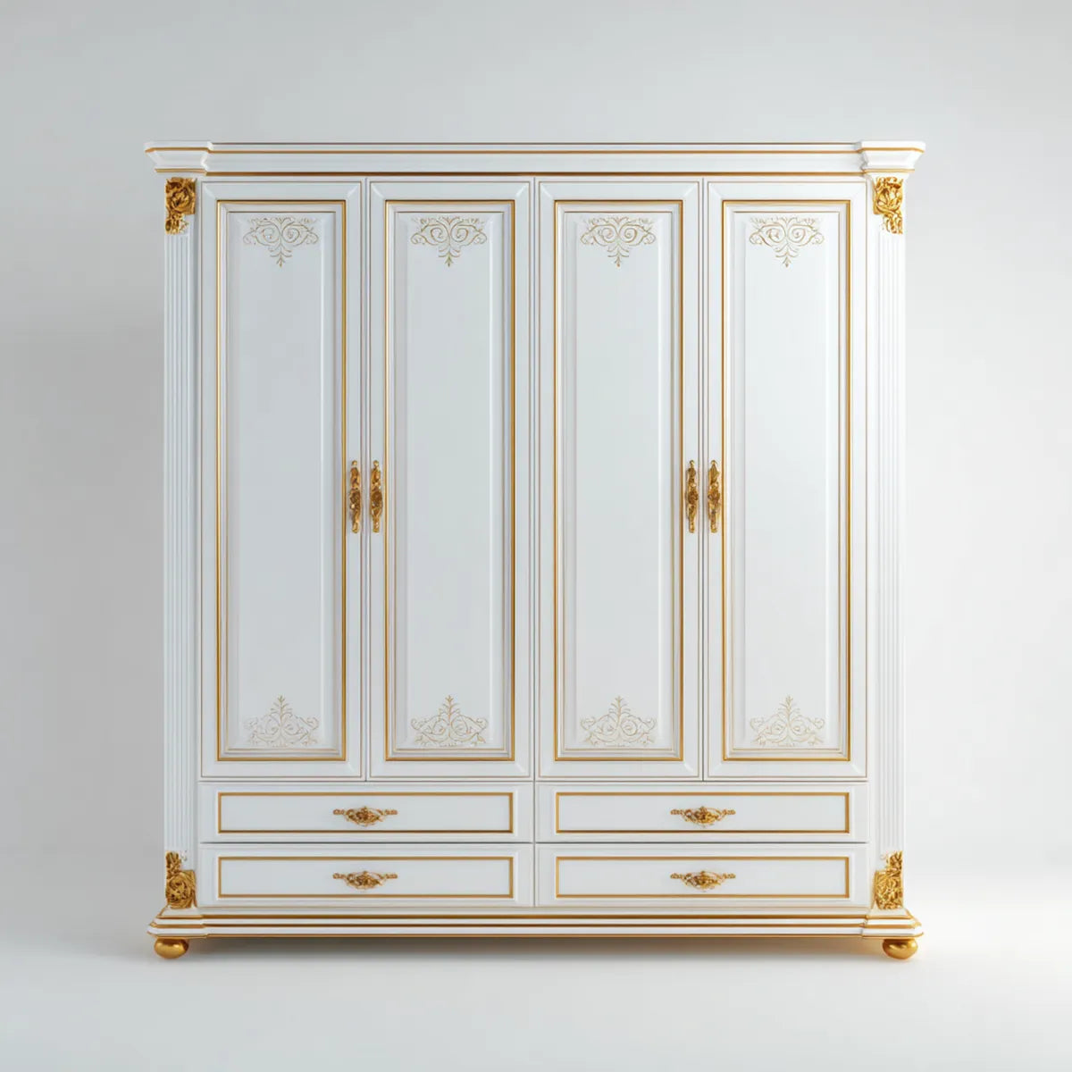 Armoire de chambre 4 portes 4 tiroirs blanche et dorée 200 x 60 x 220 cm en MDF rectangulaire