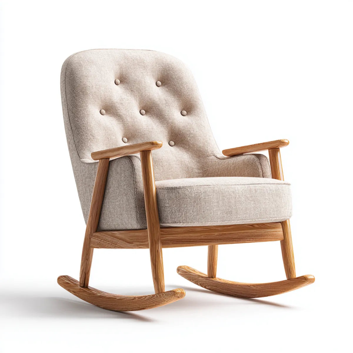 Fauteuil à bascule beige capitonné en polyester et chêne massif forme arrondie 68 x 90 x 101 cm