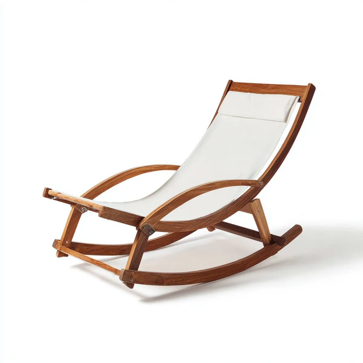 Fauteuil à bascule brun et blanc 115 x 65 x 90 cm en bois massif avec toile de coton inclinée