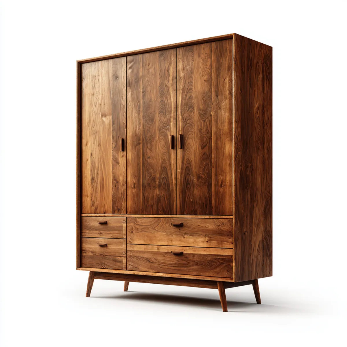 Armoire 3 portes 5 tiroirs brun noyer en bois massif rectangulaire 120 x 60 x 190 cm